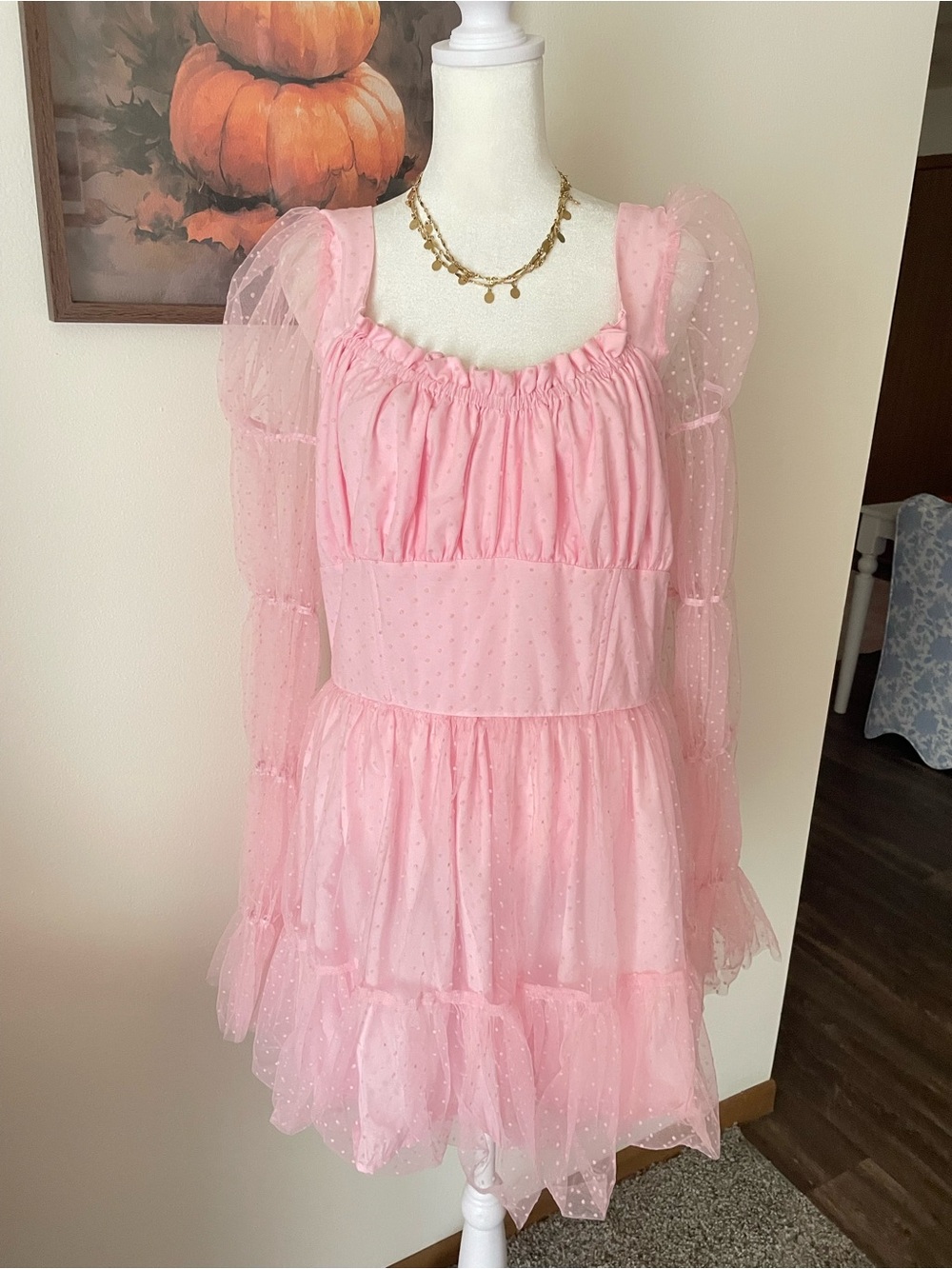 Dolls Kill Sugar Thrillz Show Pony Sheer Cinched Puff Sleeve Mini Dress Pink XXL